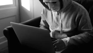 Homem aplicando o golpe do boleto na internet