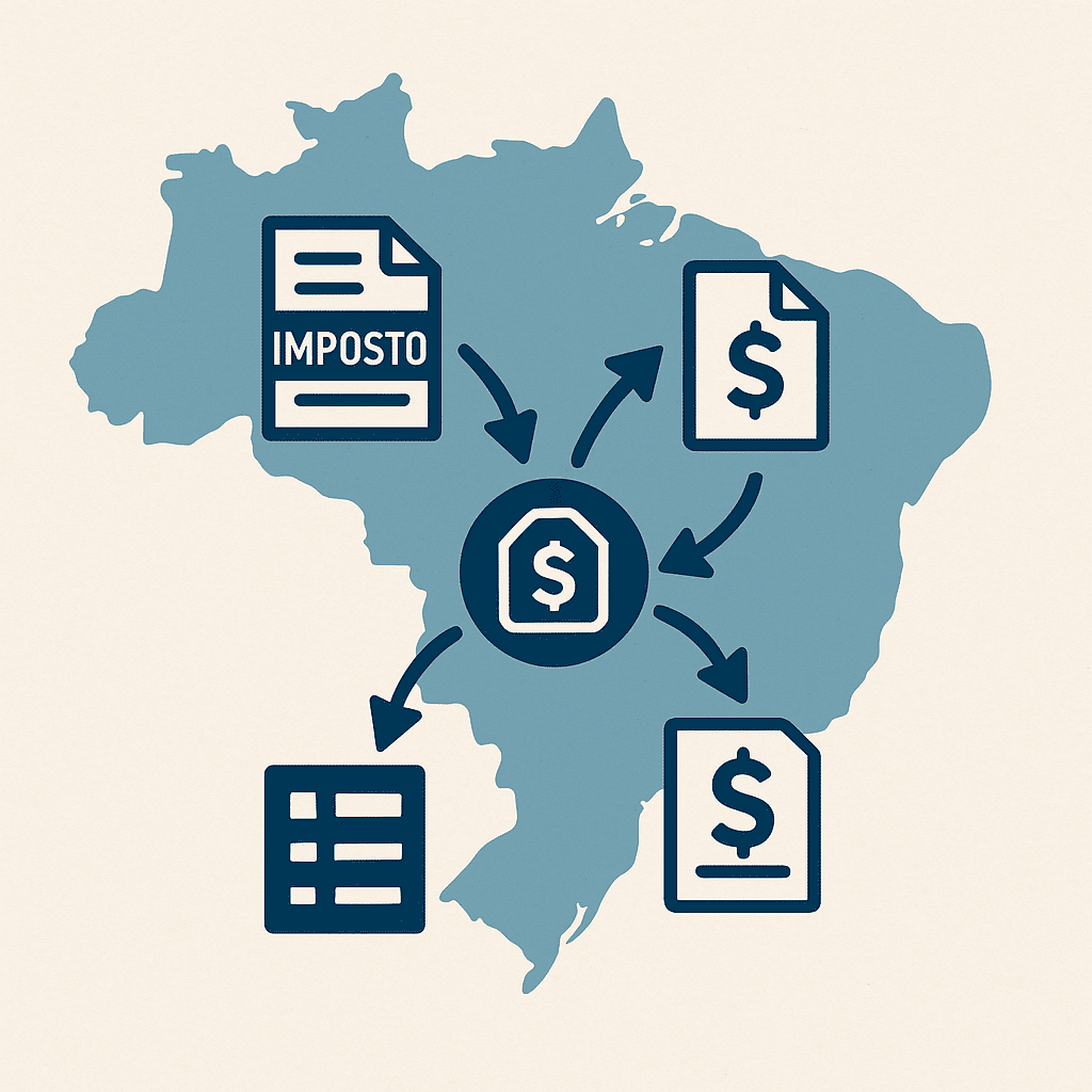 Mapa do Brasil com ícones de impostos unificados